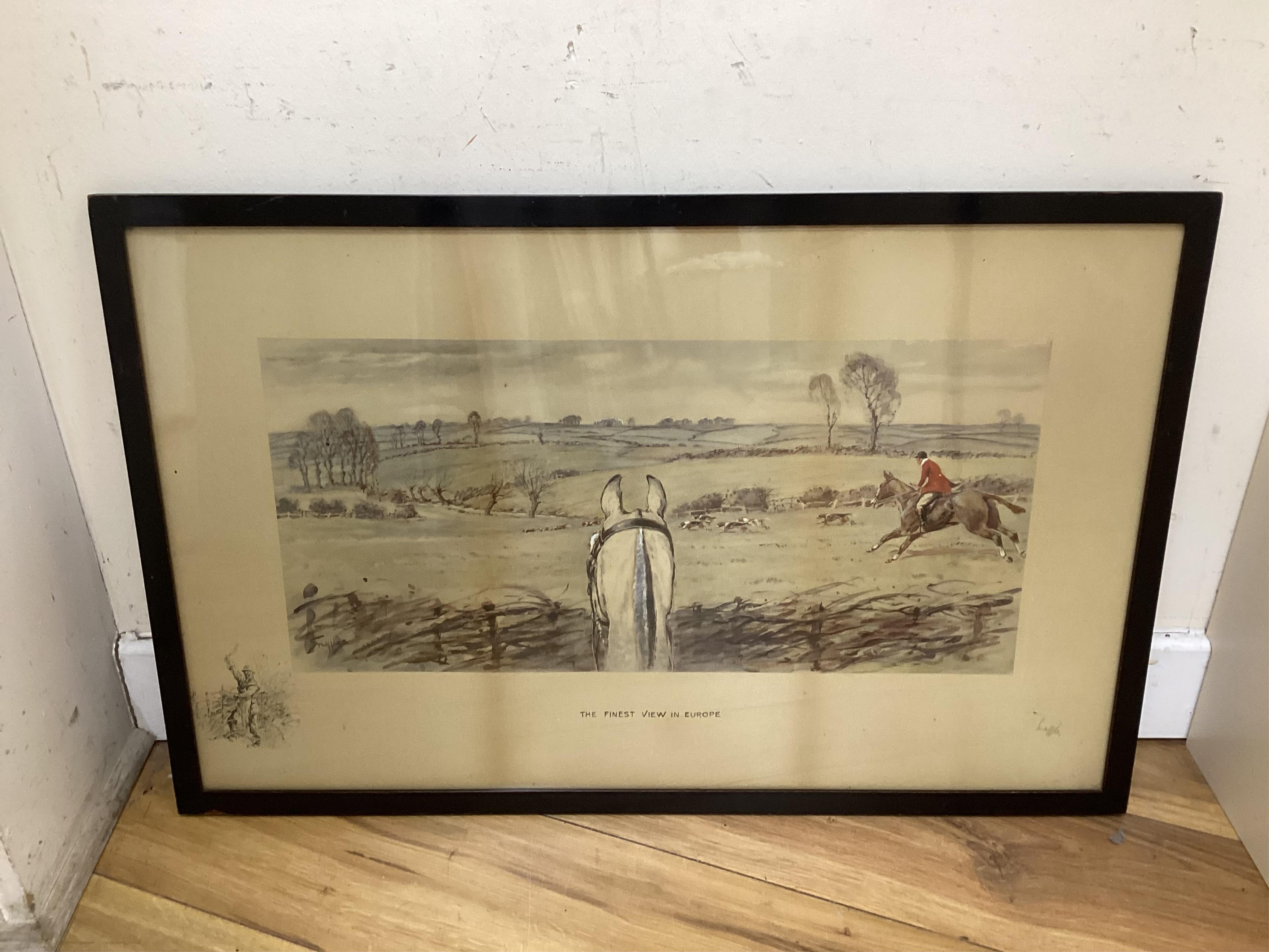 Four hunting interest prints after Snaffles, Munnings and Aldin to include ‘The Finest View in Europe’ and ‘The Huntsman’, largest 54 x 74cm